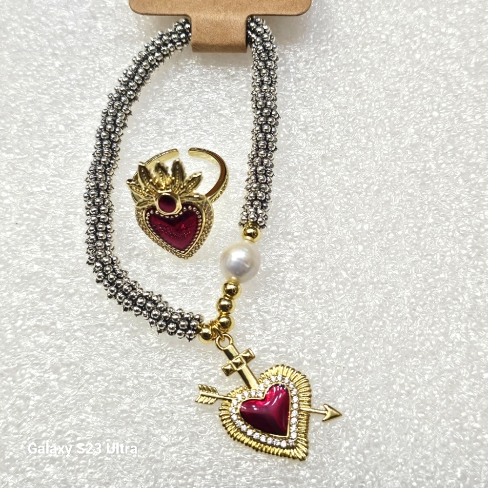 Elegant Silver and Gold Heart Bracelet and adjustable ring